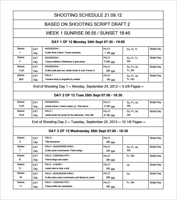Film Shooting Schedule Template 11+ Free Word, Excel, PDF Format 