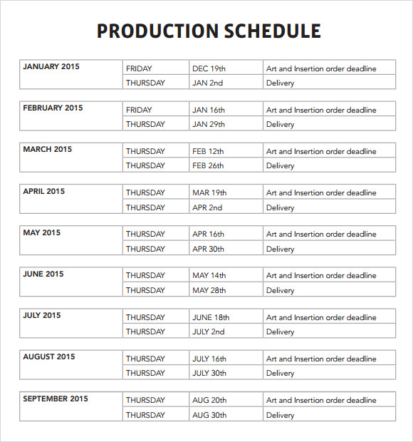 Sample Production Schedule Template 6+ Documents in PDF