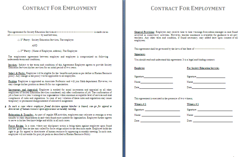 free employment agreement template restaurant employee contract 