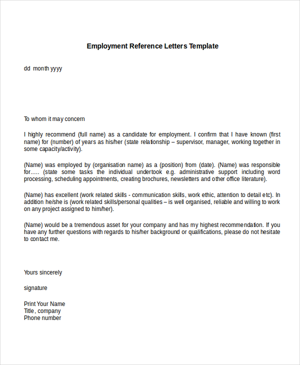 10+ Employment Reference Letter Templates Free Sample, Example 