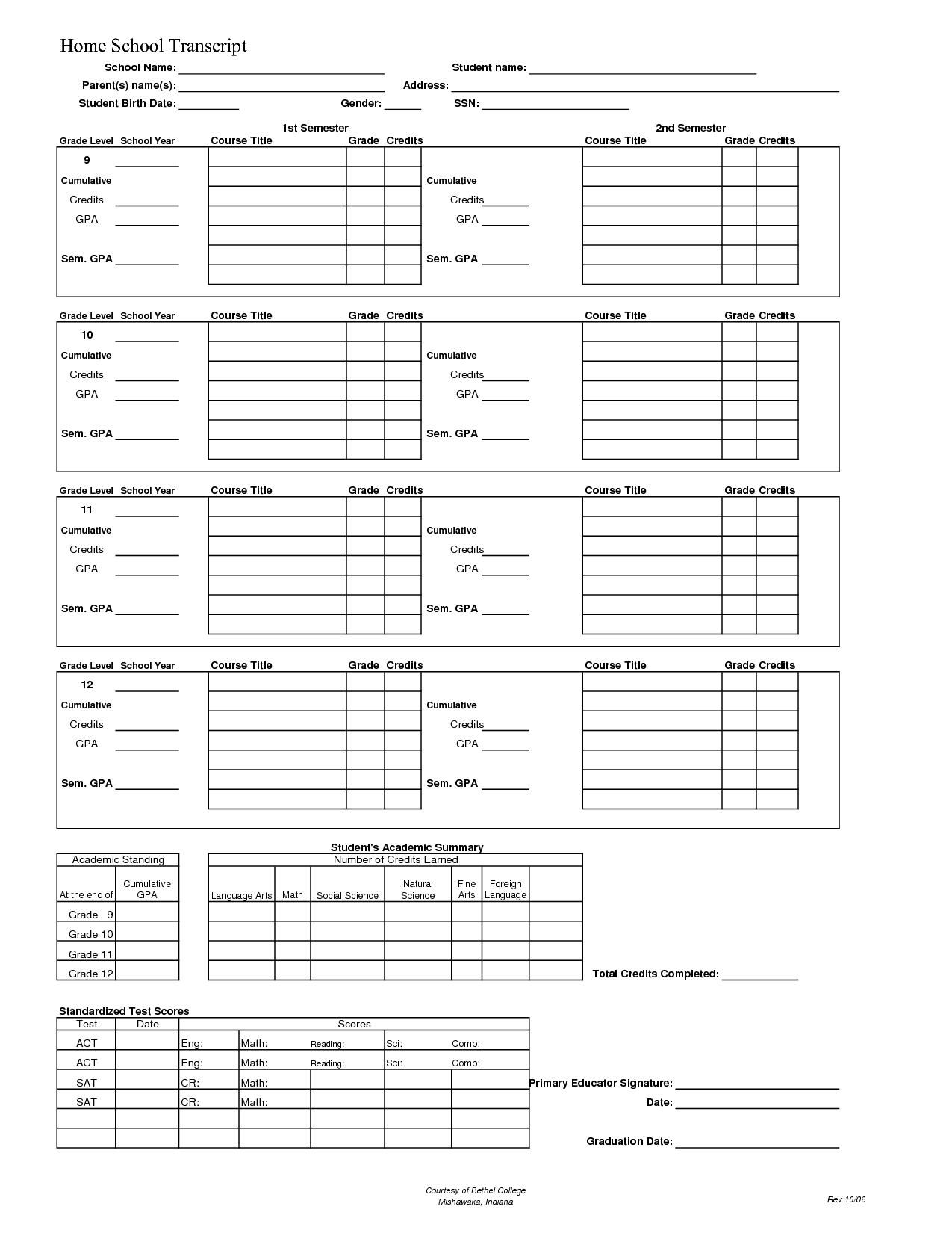 Blank High School Transcript Forms | Transcript Template Home 