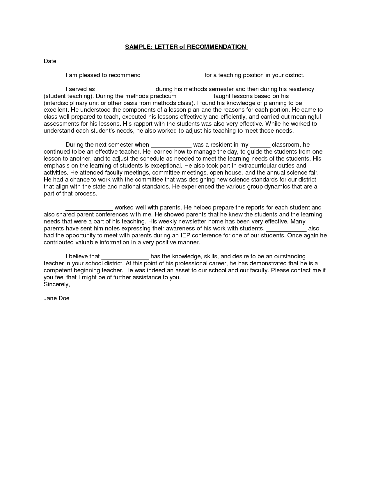 Teacher Recommendation Letter letter of recommendation