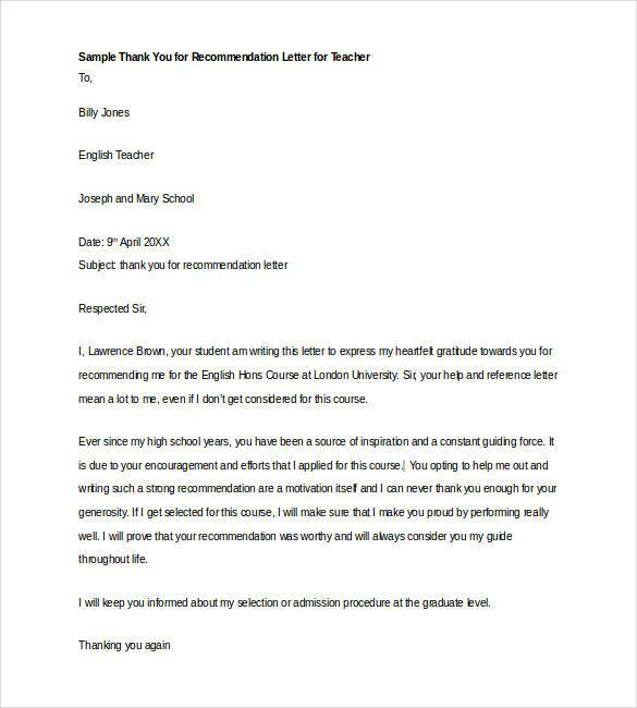 Template for Recommendation Letter From Teacher 