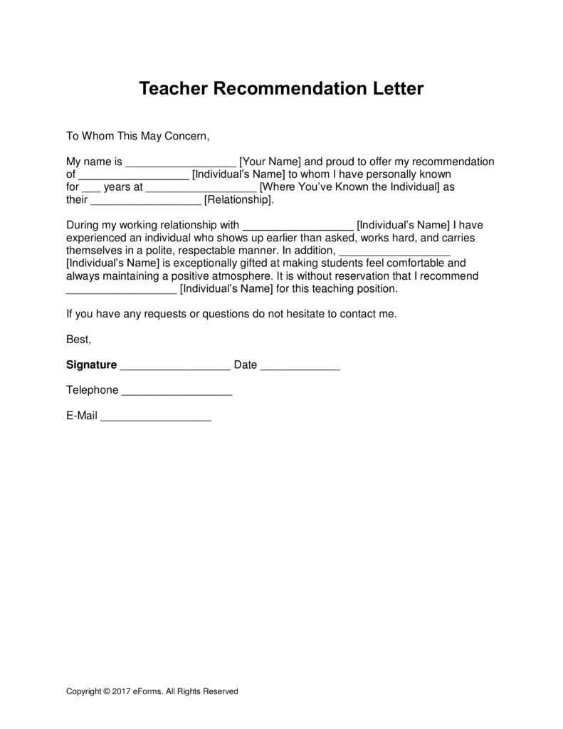 Free Teacher Recommendation Letter Template with Samples PDF 