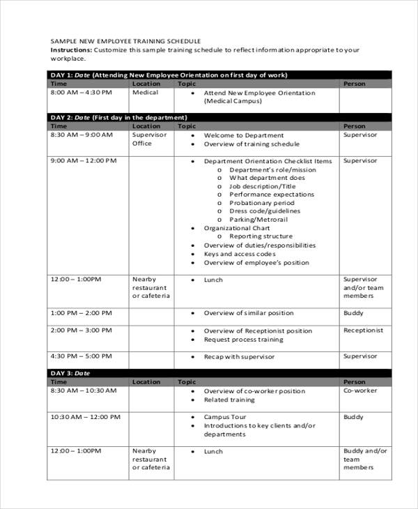 Employee Training Schedule Template Sample