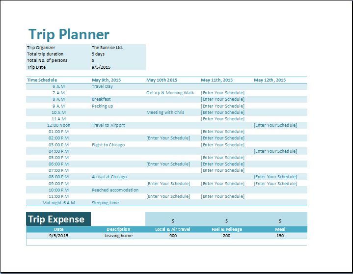 Trip Schedule Template – printable schedule template