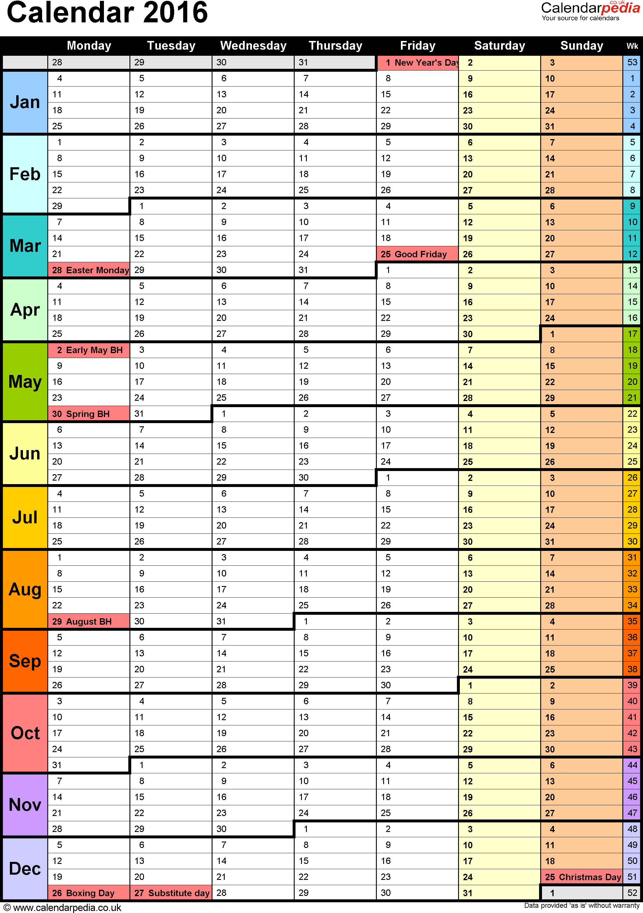 Template 15: Yearly calendar 2016 as PDF template, portrait 